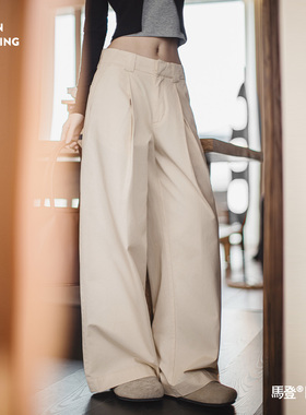 马登复古Vintage打褶白色阔腿裤日杂风直筒长裤又a又飒休闲裤秋女
