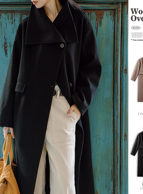 马登复古经典黑色工装风衣外套赫本风长款毛呢cozyfit大衣秋季女