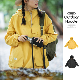 马登薄款 夹克机能户外套女士早春 黄黑色防风宽松套头连帽卫衣工装