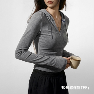 T恤打底衫 显瘦长袖 上衣女士春 修身 马登灰色V领连帽半拉链卫衣短款