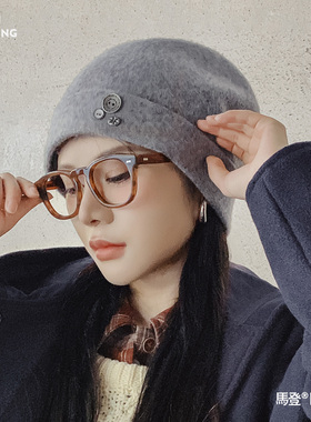 马登灰色纯棉羊毛保暖针织大头围防寒护耳头包脸堆堆冷帽子女秋冬