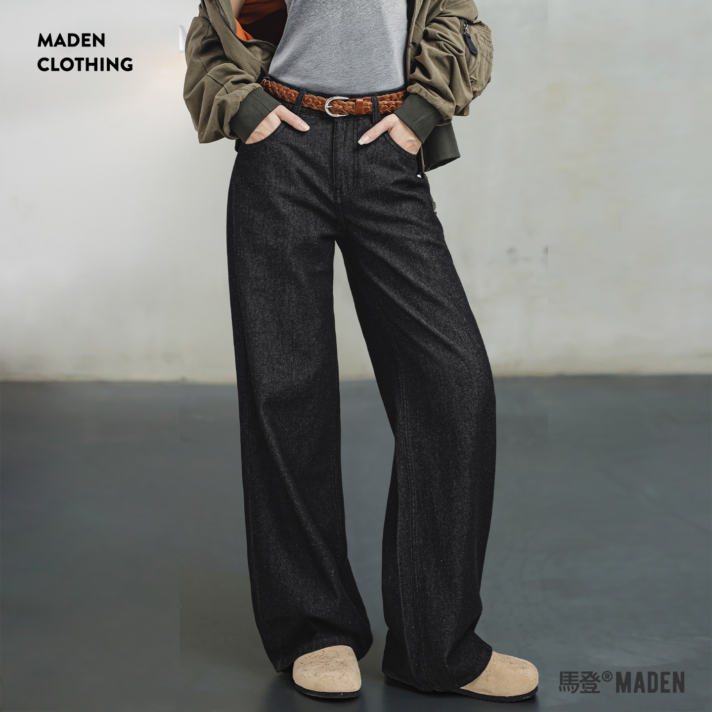 美式复古黑色纯棉牛仔裤阔腿裤