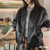 机车夹克外套上衣女士春季 马登美式 复古巴恩风荔枝纹黑色皮衣工装