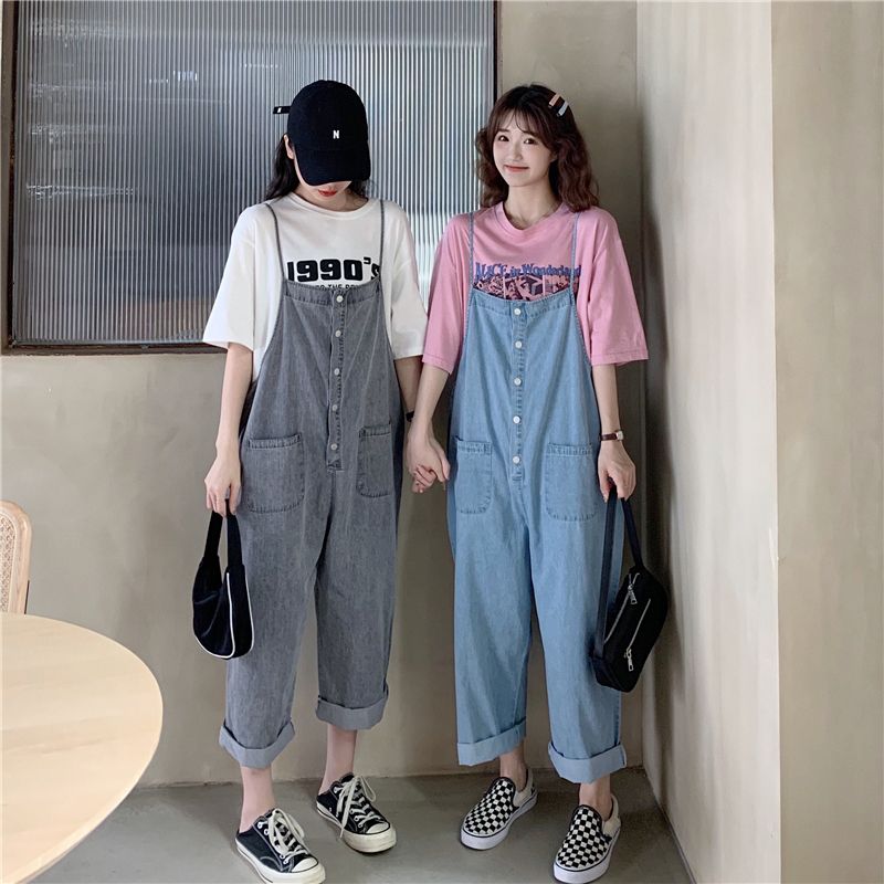 Real shot 2021 spring new Korean version loose front and back two wear denim strap pants pants female
