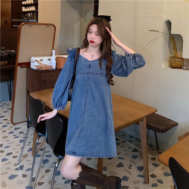 Real shot 2021 spring new Korean personalized bubble sleeve denim dress A-line skirt