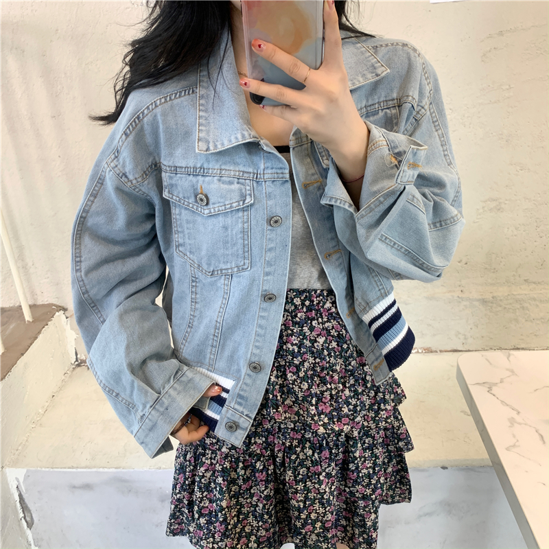 Real shot 2021 spring Korean loose and versatile splicing denim jacket