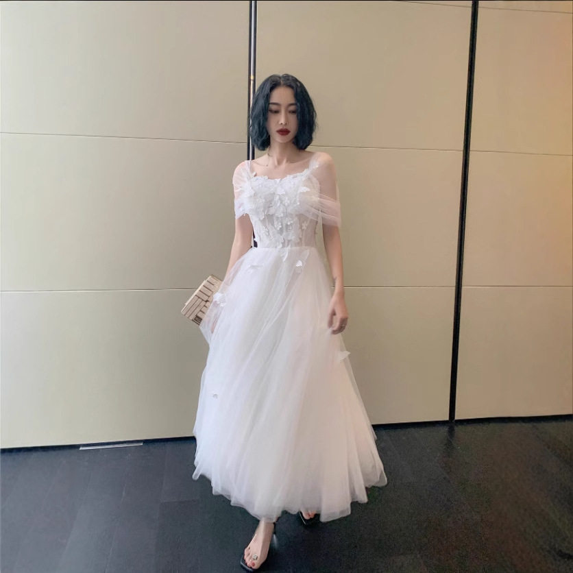 9a白色一字肩婚纱礼服春款生日派对宴会礼服钢琴小提琴演奏礼服裙