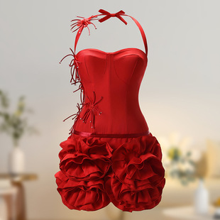 9a抹胸连衣裙名媛生日礼服裙重工立体玫瑰鱼骨收腰蓬蓬红色裙子