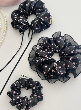 Achen｜墨夜粉樱 原创黑粉色碎花手作发圈温柔田园大肠发圈