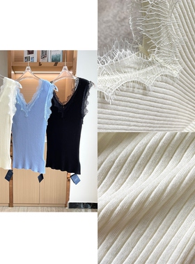 I~R~睫毛蕾丝拼接背心 杨子纱V领薄款针织衫 实用百搭上衣00204
