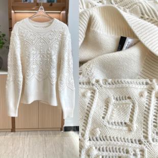 LP菱格钩花羊绒针织衫渠道货 厚实山羊绒上衣圆领毛衣0077