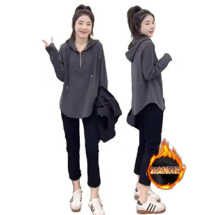 加绒加厚洋气上衣 复古连帽拉链卫衣2025秋冬遮肉显瘦长袖 大码 美式