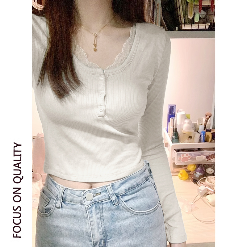 法式纯欲风蕾丝花边U型领温柔针织衫女高弹设计感内搭打底衫上衣