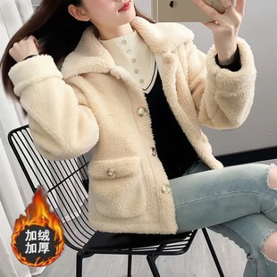 开衫仿羊羔毛外套女2025冬季新款加厚毛绒一体韩版宽松短毛毛上衣