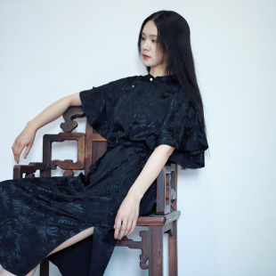 夏季 开衩长裙女 文艺提花喇叭袖 连衣裙温婉珠扣国风旗袍裙复古中式