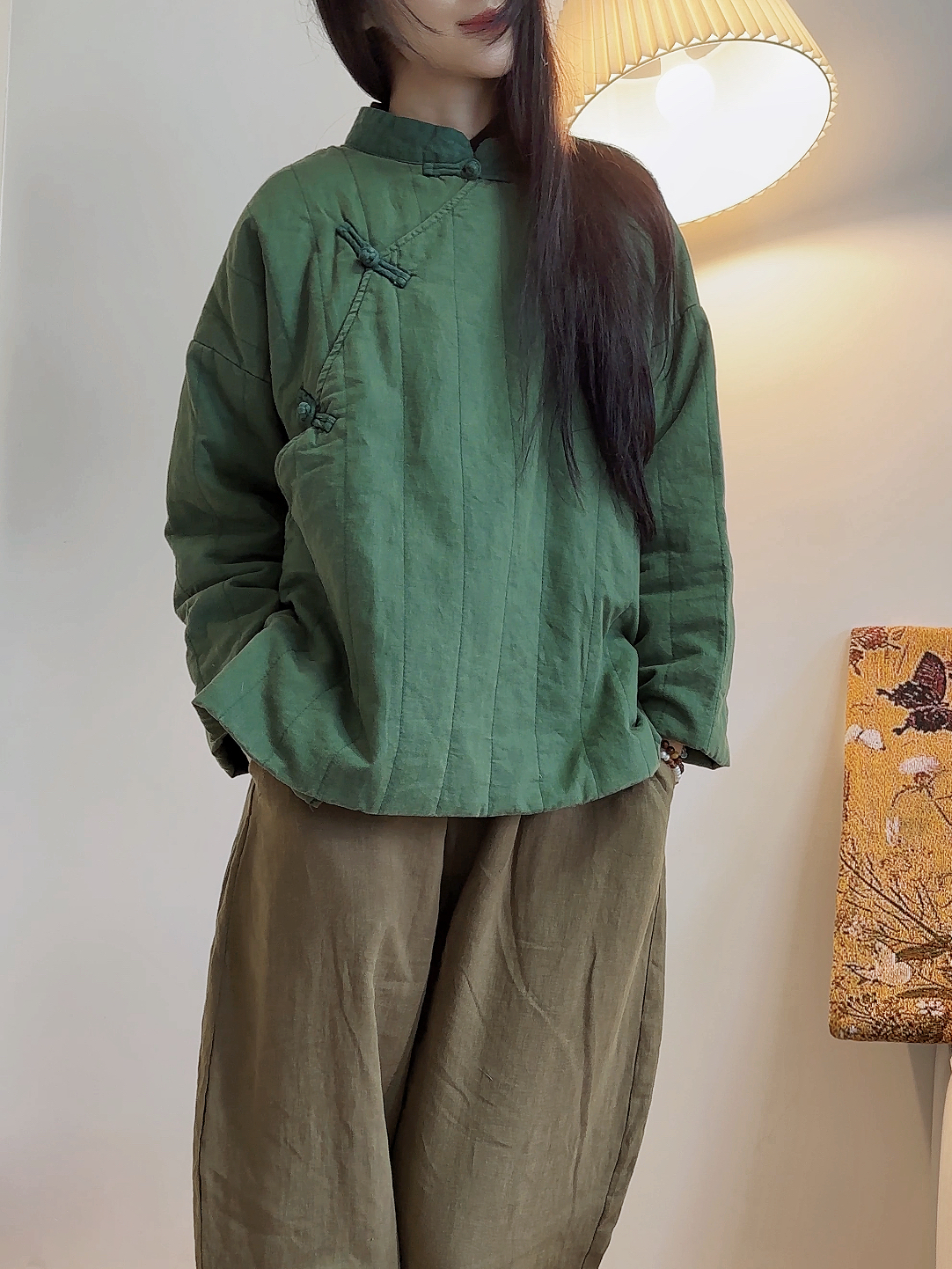 复古中式盘扣绿色棉服宽松显瘦柔软轻便棉衣文艺夹薄棉竖缝外套