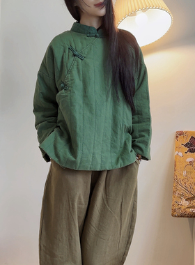 复古中式盘扣绿色棉服宽松显瘦柔软轻便棉衣文艺夹薄棉竖缝外套