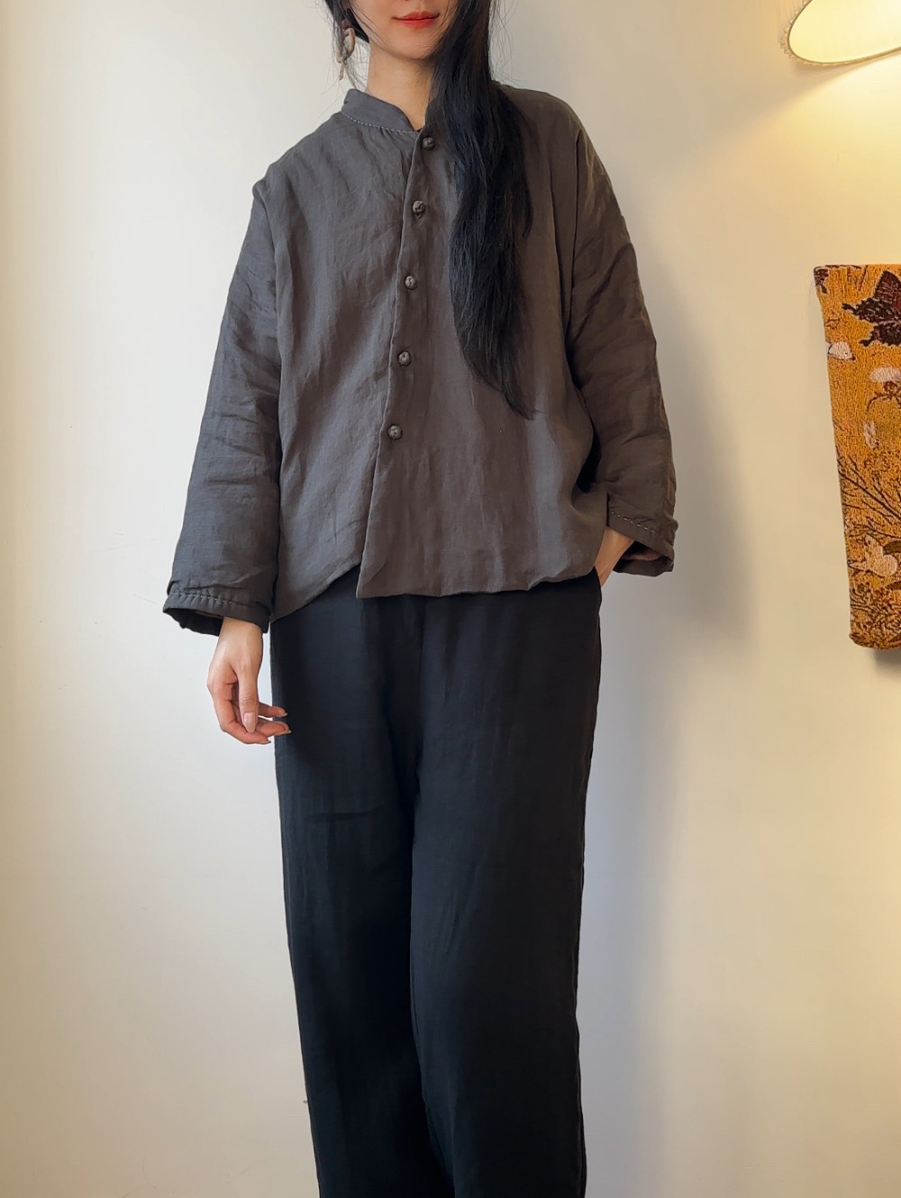 砂洗亚麻斜襟夹棉外套手缝线不规则文艺棉服宽松百搭棉袄开衫