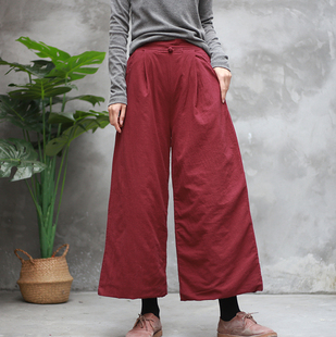 文艺纯色百搭大摆棉裤 冬季 保暖休闲棉裤 阔腿裤 夹棉复古盘扣女式