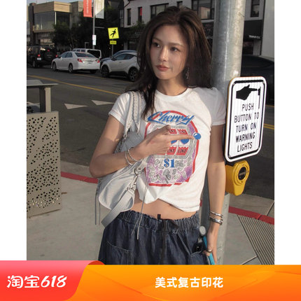 1.1还原品质 娜娜yigenanaya同款26夏美式复古印花短袖T恤女百搭