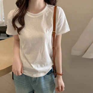 t恤女新款 韩系小圆领高设计感正肩短袖 百搭宽松雪花棉显瘦上衣