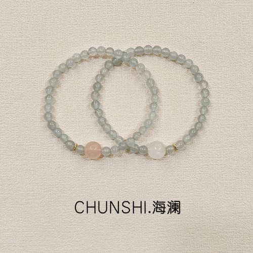 秒杀！「海澜」新中式天然原创海蓝宝粉水晶月光石细手链手串特