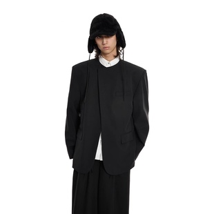 外套男女休闲百搭中山装 新款 高级感简约圆领西服宽松垫肩无领西装