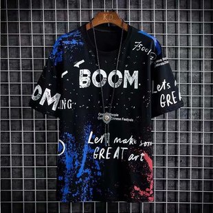 涂鸦个性 2021新男士 体桖嘻哈国潮夏季 花t恤潮牌半袖 宽松上衣 短袖