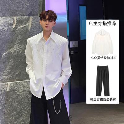 白色长袖衬衫秋季小众烫钻设计感