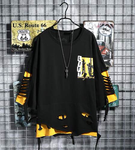 欧美街头风hiphop街舞衣服男女ins潮牌破洞假两件t恤嘻哈五分中袖