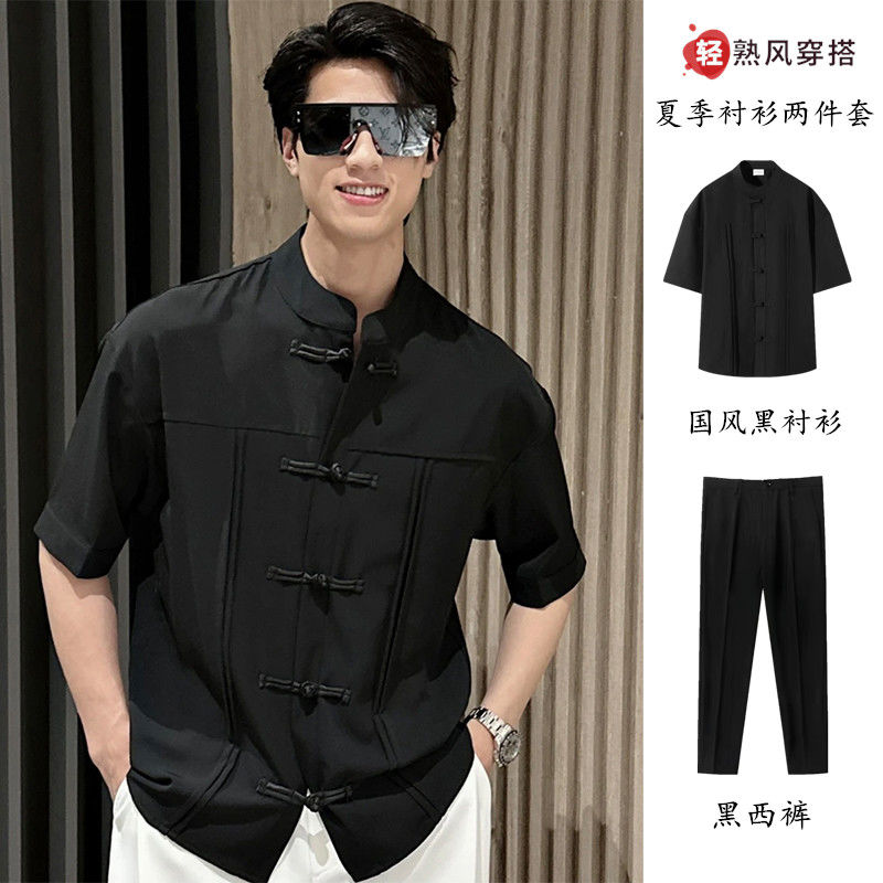中国风复古短袖潮牌立领新中式男