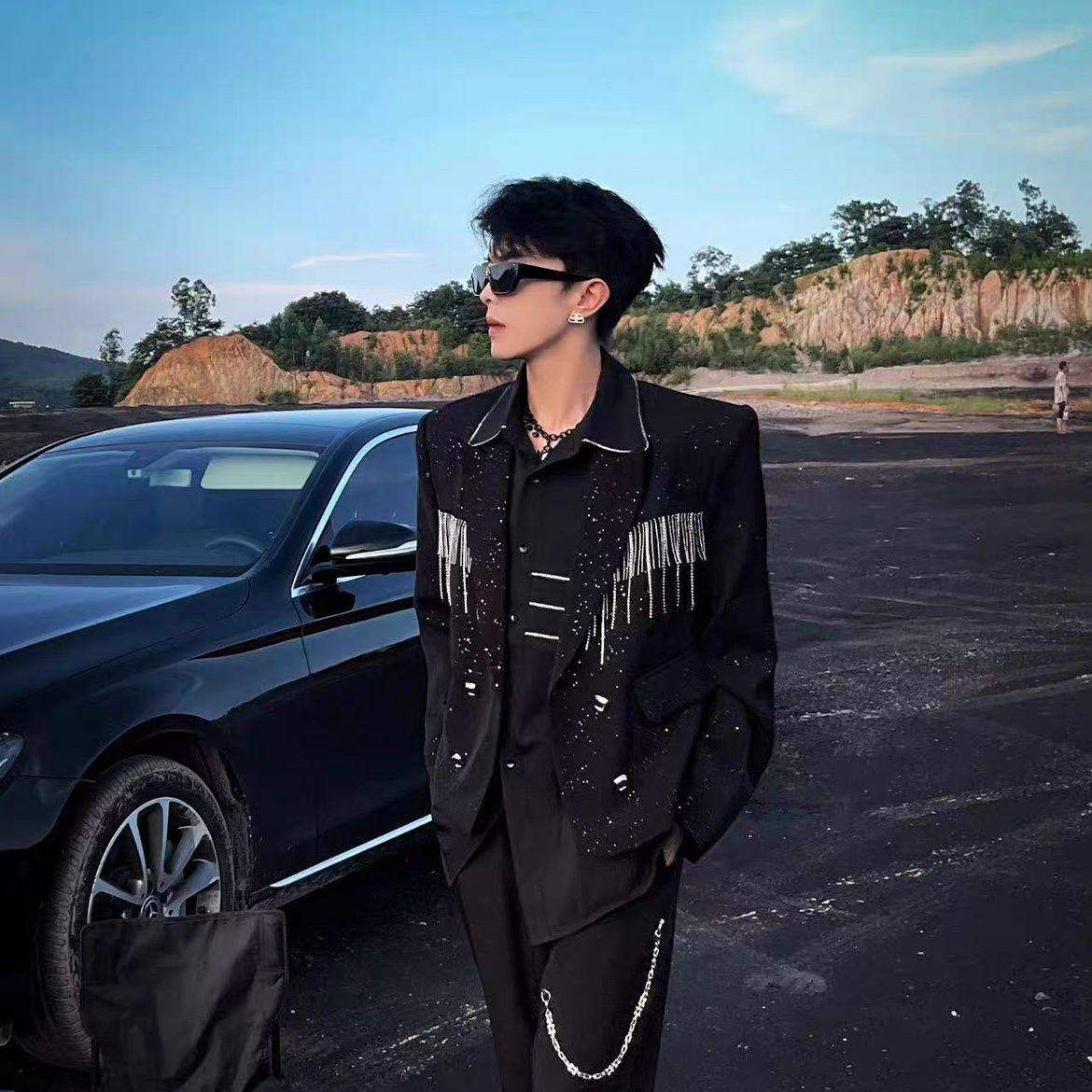 春秋新款男士夹克外套韩版潮流宽松设计感小众流苏西装领垫肩西服,男装,夹克,淘宝优惠券,粉丝福利购,淘宝优惠卷