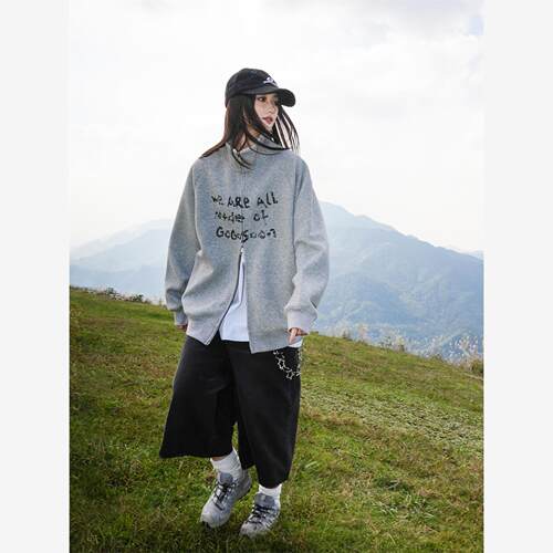 秋冬外套灰色美式拉炼开衫卫衣