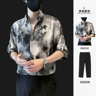 休闲痞帅男装 衬衫 上衣2024新款 夏季 冰丝衬衣 男士 薄寸衫 水墨画短袖
