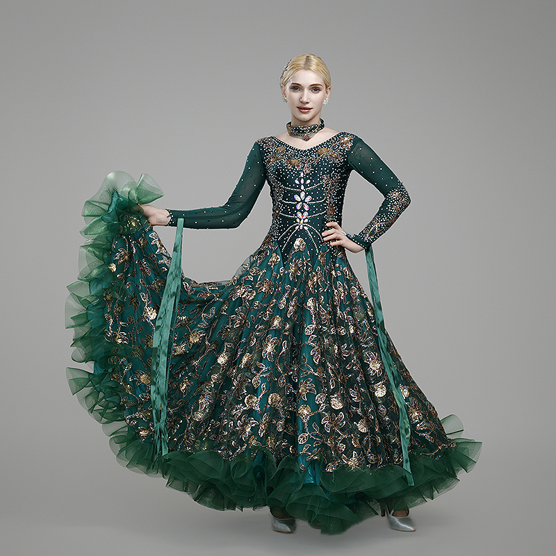 新款烫钻摩登舞连衣裙交谊舞演出服国标舞华尔兹表演服定制比赛服