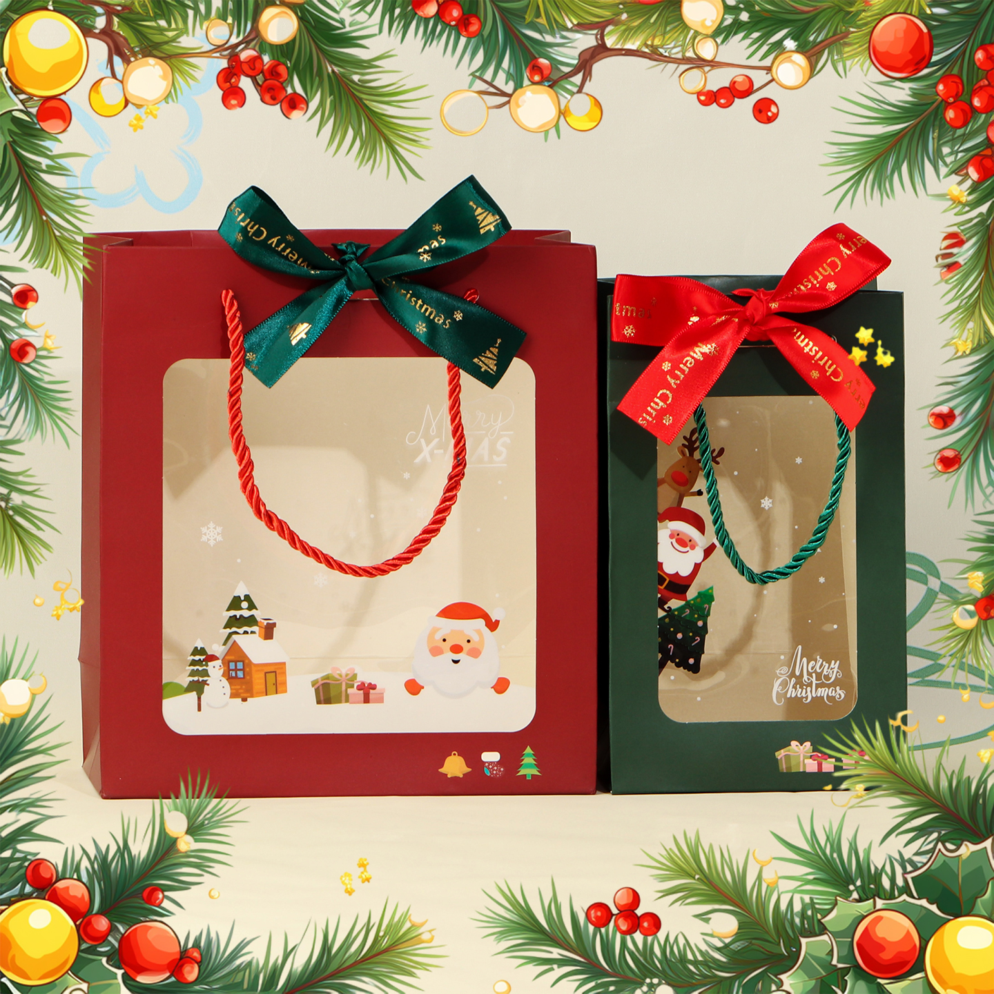 圣诞礼品袋手提盒红绿开窗配丝带