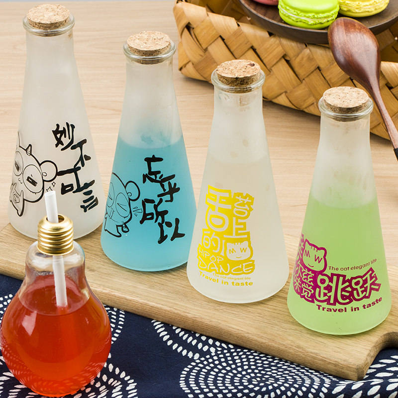 印花蒙砂锥形饮料玻璃瓶 冷泡茶酸奶瓶 奶茶店灯泡果汁鸡尾酒瓶