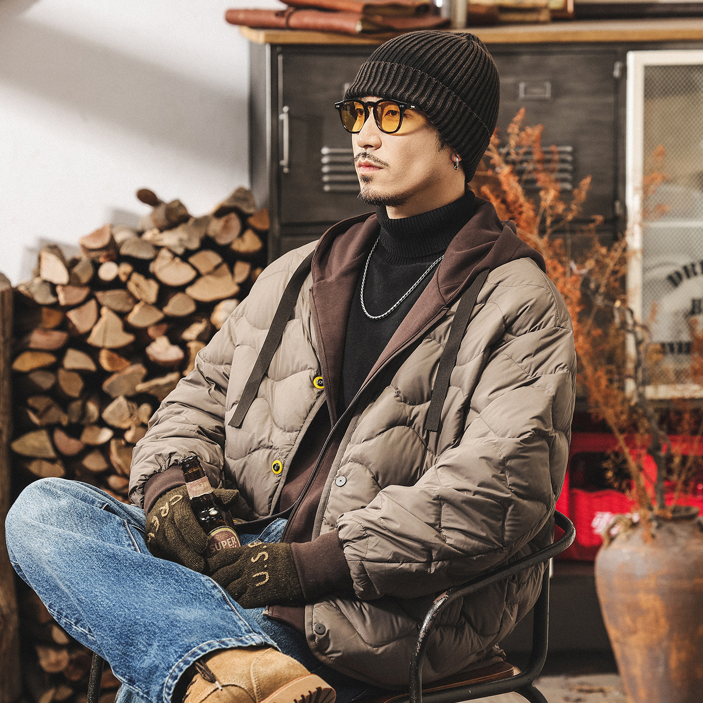 美式复古90鸭绒可拆卸假两件轻薄羽绒服男冬季潮牌保暖连帽外套男