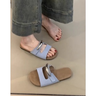 時尚 品牌金屬搭扣一字拖鞋 女2025夏季 外穿新款 小涼 配裙子海邊法式