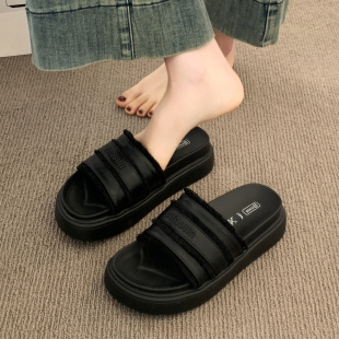 品牌厚底黑色一字拖鞋 配裙子增高海邊夏天絕美涼 女夏外穿2025新款