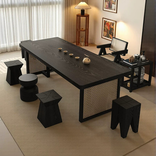 侘寂风实木藤编茶桌大板长条桌工作台办公室黑色茶几客厅家用茶台