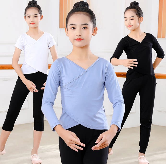 春夏儿童练功服短袖女童V领舞蹈服莫代尔蓝色民族舞服中国舞跳舞