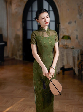 2025春夏装新款新中式绿色古凌纱烧花长款日常改良旗袍裙子连衣裙