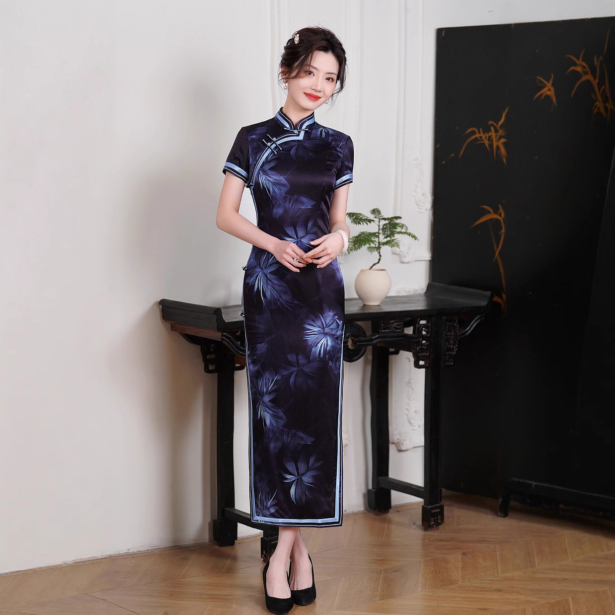 新中式印花桑蚕丝长款旗袍裙子