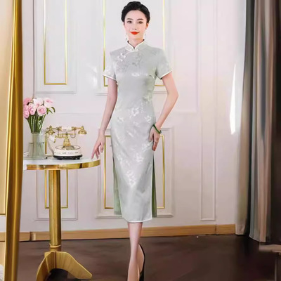 2025新款 高贵优雅真丝提花桑蚕丝中长款改良旗袍礼服裙子连衣裙