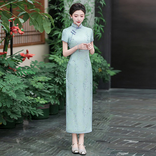 2026新款 清新淡蓝印花真丝桑蚕丝长款旗袍裙子连衣裙 送考 宴席