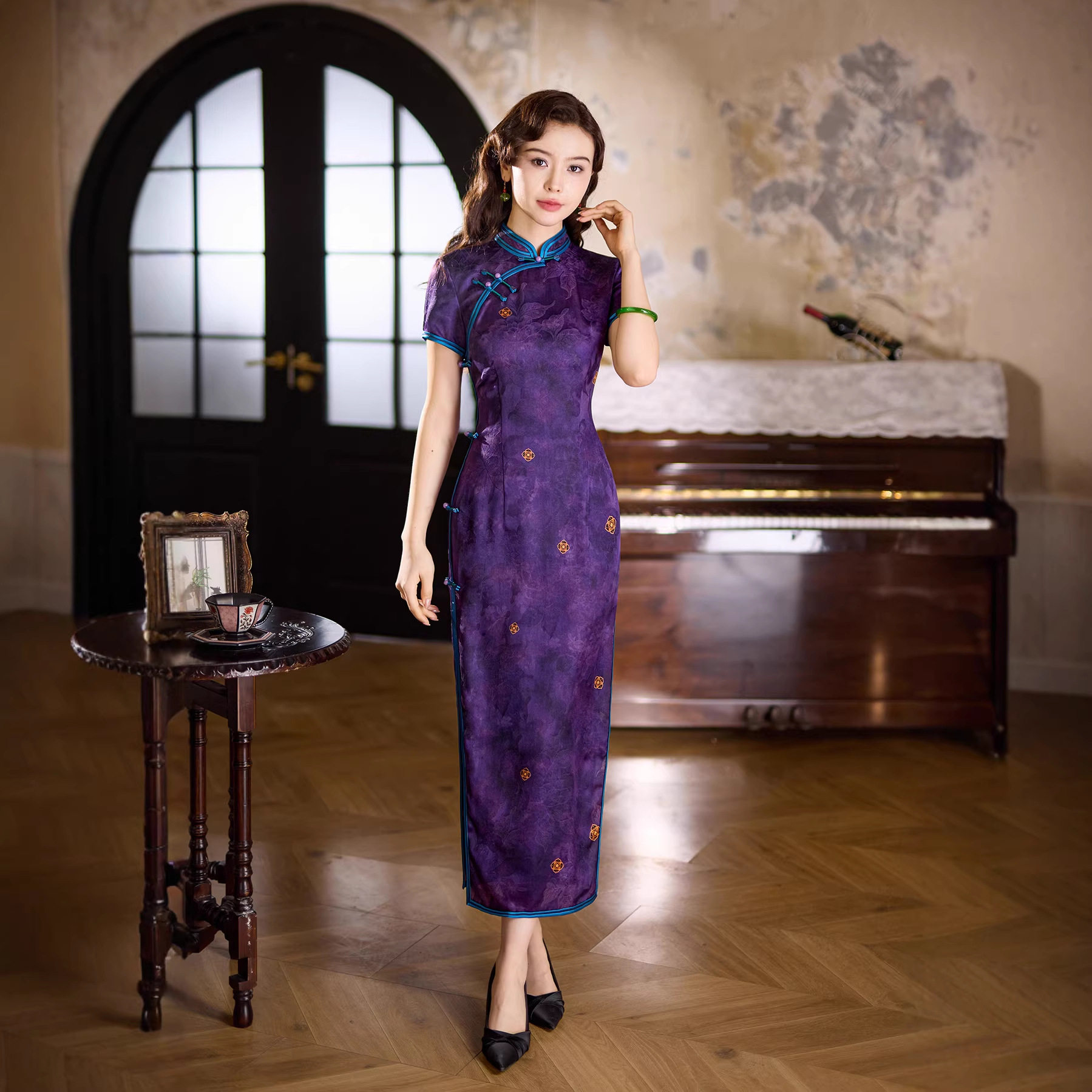香云纱长款旗袍礼服送考婚宴