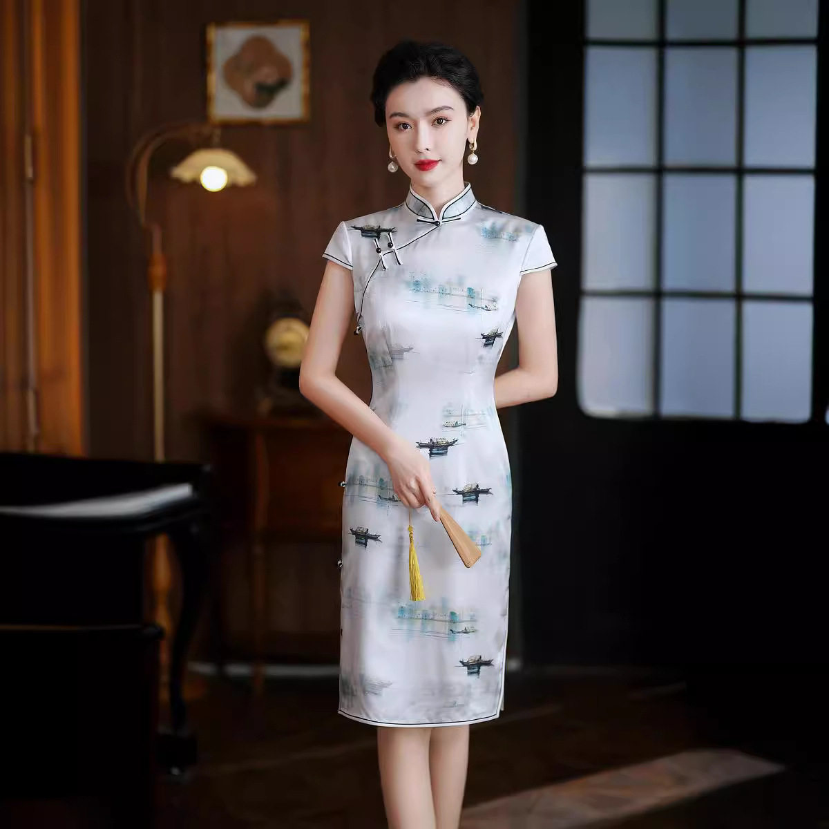 中式印花真丝桑蚕丝旗袍裙子