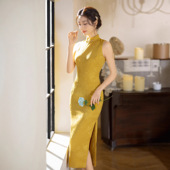 旗袍礼服敬酒服 国风提花黄色露背长款 订婚 新中式 2026新款