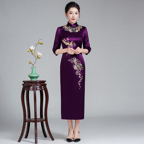 刺绣紫色旗袍礼服喜妈妈喜婆婆